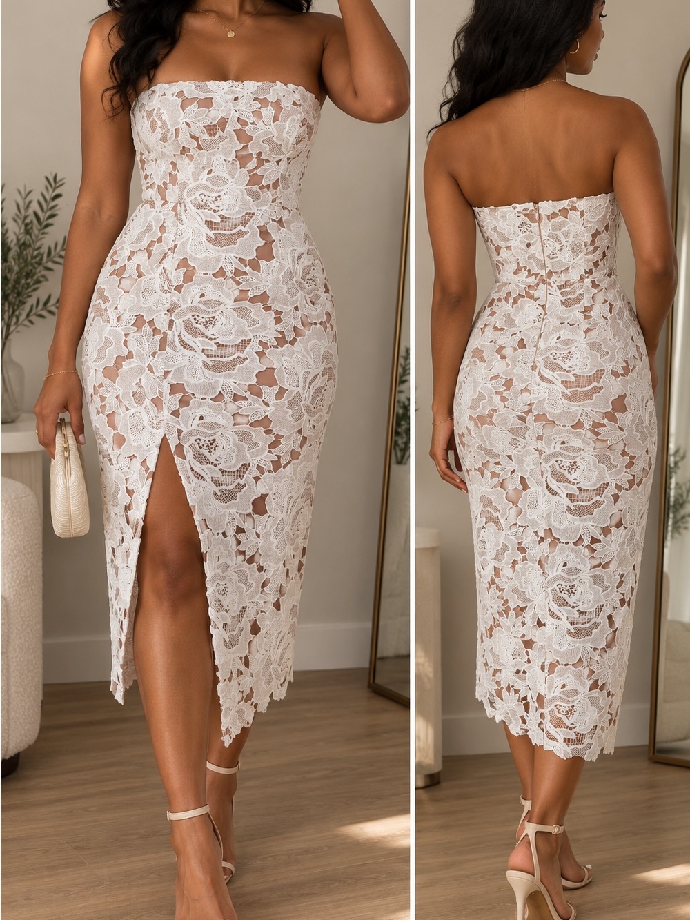 Showpo White Strapless Lace Midi Dress with Front Slit
